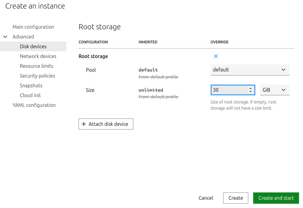 Configure the size of the root disk