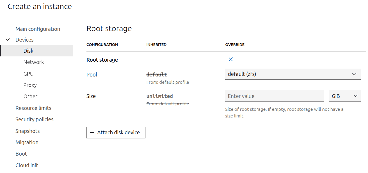LXD Create instance disk devices form