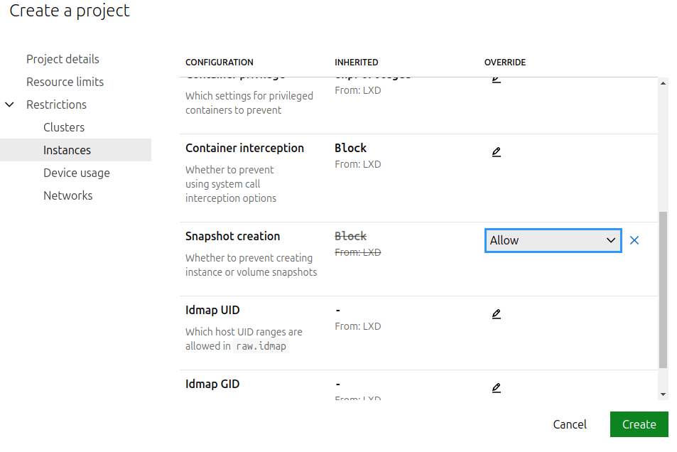 Allow snapshots in a restricted project