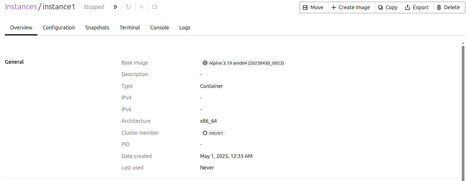 LXD Instance overview page