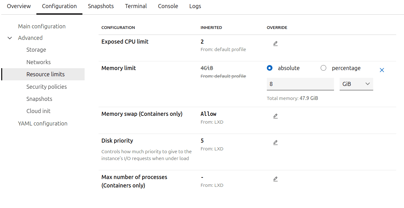Setting the memory limit for an instance to 8 GiB