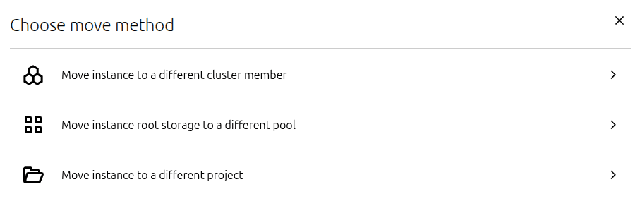 LXD Instance root storage move method modal