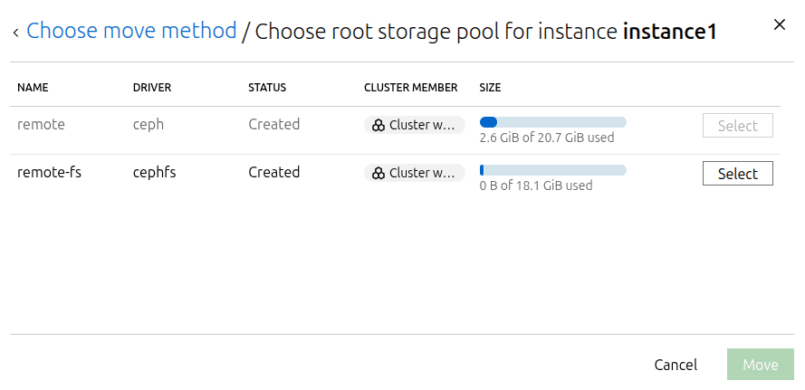 LXD Instance root storage move pool selection modal