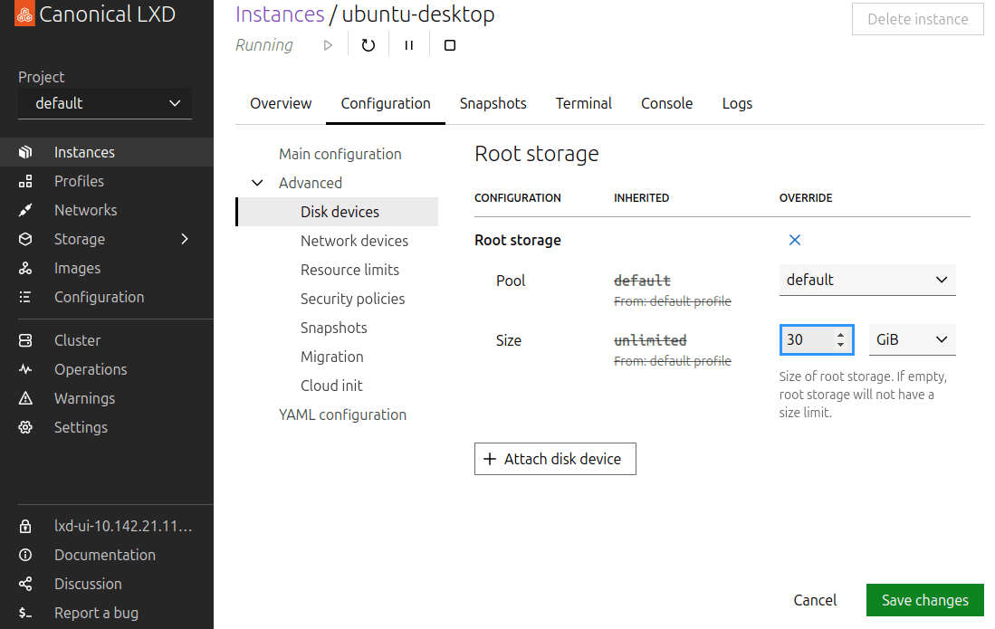 Change the size of the root disk
