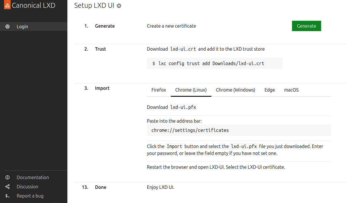 Instructions for setting up certificates for the UI