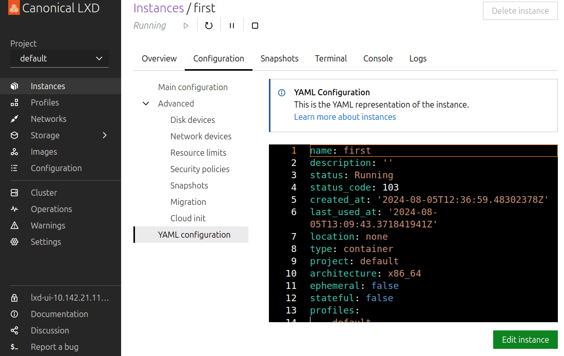 YAML configuration of an instance